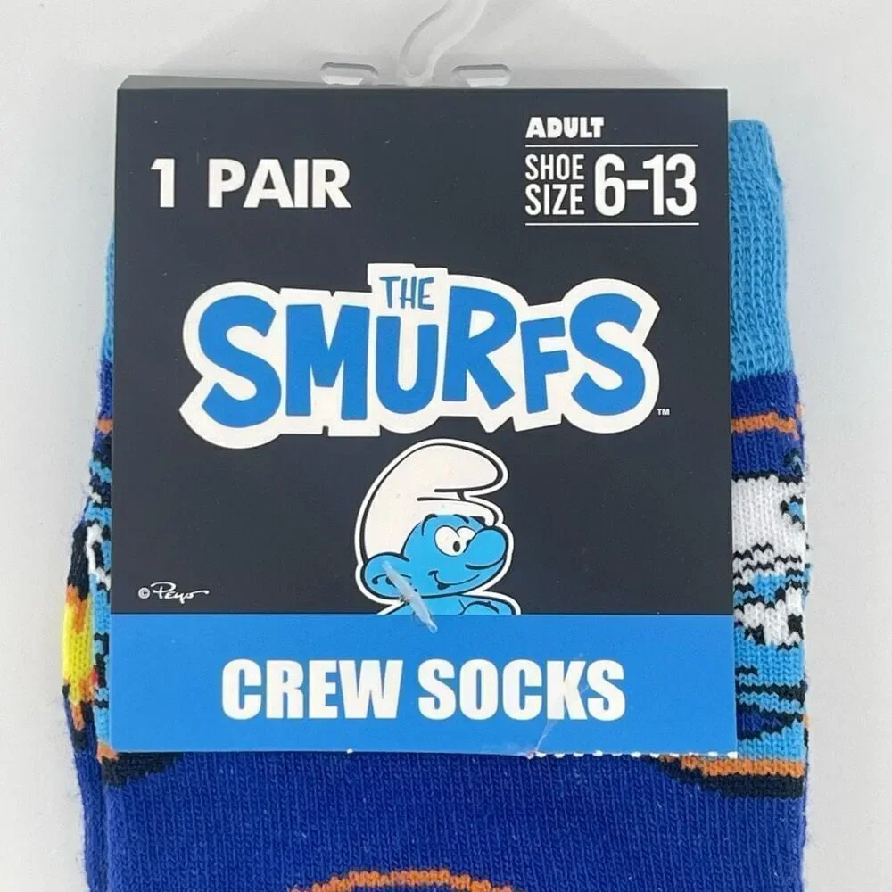 Smurfs Unisex Crew Socks Blue Yellow Stars Cartoon Style Fits Shoe Size 6–13